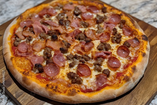 A meat lover's pizza loaded with pepperoni, sausage, bacon, and ham, fresh out of the oven