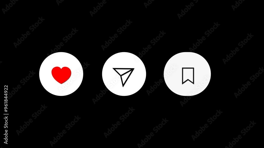 Animation of like, save and share buttons in social networks. 4K with alpha channel.