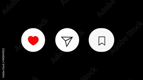 Animation of like, save and share buttons in social networks. 4K with alpha channel.