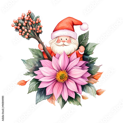 chubby santy with Dahlia flower bloomstick clipart, watercolor clipart, isolated on white background. photo