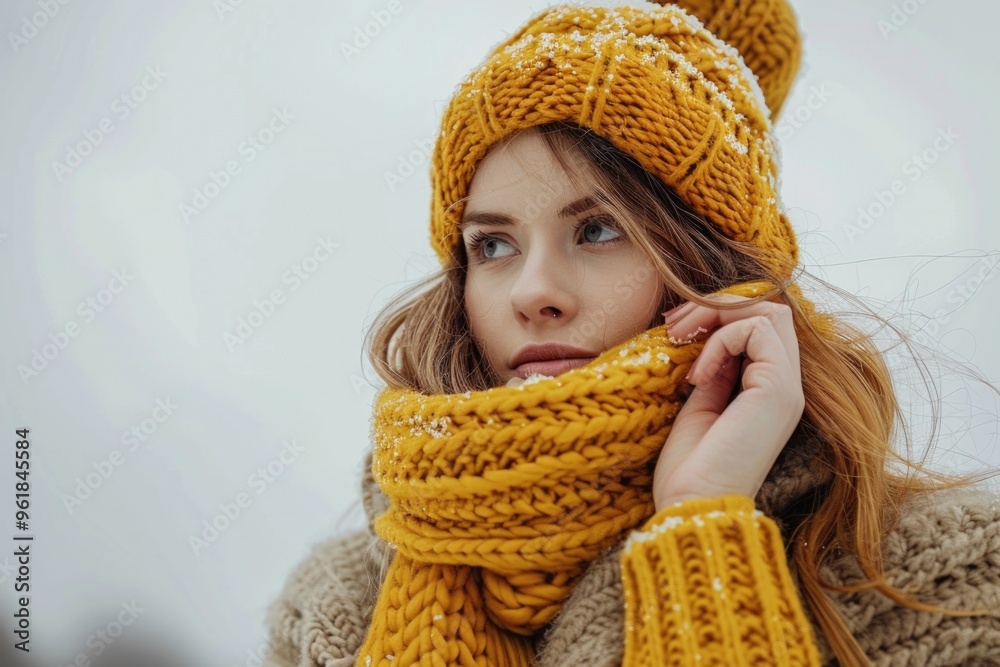 A woman wearing a yellow hat and scarf is standing in the snow A woman wearing a yellow hat and scarf is standing in the snow