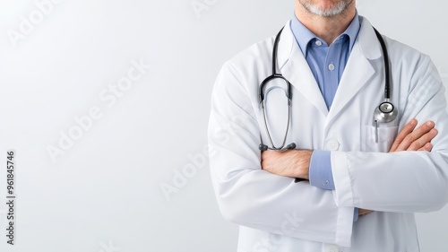 Professional male doctor in a white coat with a stethoscope, showcasing confidence and expertise in the medical field.