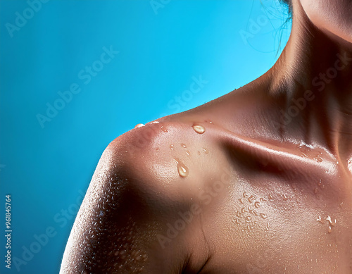 Wallpaper Mural  Close-up of a wet shoulder with water droplets on a blue background, symbolizing freshn_1(399) Torontodigital.ca