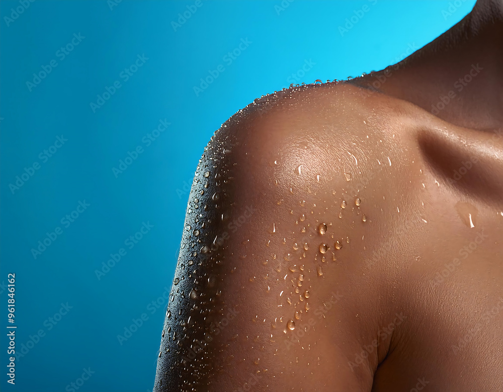 Close-up of a wet shoulder with water droplets on a blue background, symbolizing freshness._1(392) Close-up of a wet shoulder with water droplets on a blue background, symbolizing freshness._1(392)