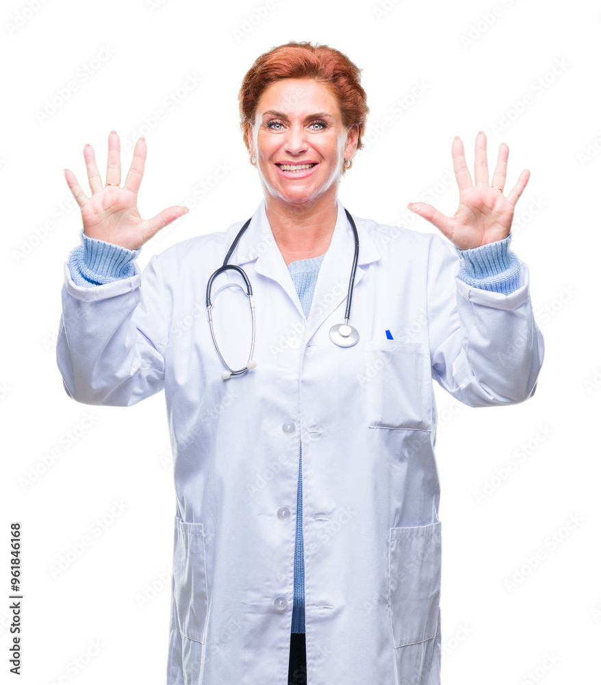 Senior caucasian doctor woman wearing medical uniform over isolated background showing and pointing up with fingers number ten while smiling confident and happy. Senior caucasian doctor woman wearing medical uniform over isolated background showing and pointing up with fingers number ten while smiling confident and happy.