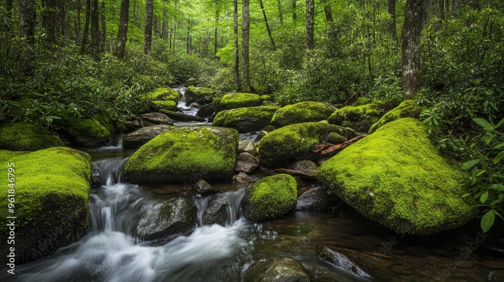 Water laps moss-covered rocks in Smoky Mountains. Water laps moss-covered rocks in Smoky Mountains.