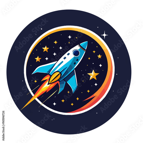 Illustration of a rocket launching into space, surrounded by stars. 