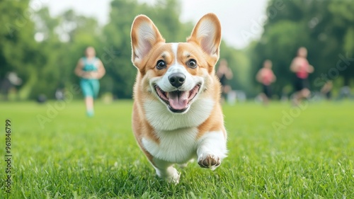 A happy corgi running in a lush green park with people jogging in the background, showcasing joy and vitality in nature.