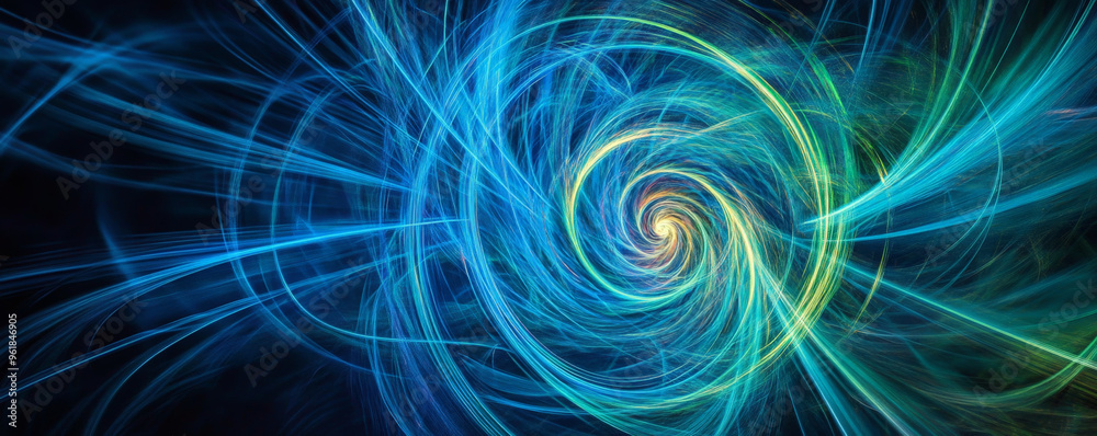 Bright blue and green light trails spiraling around a glowing center, creating a sense of motion and energy in a dark space.