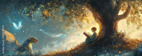 A child sitting under a tree, reading a book with magical creatures like dragons and fairies floating out of the pages. photo