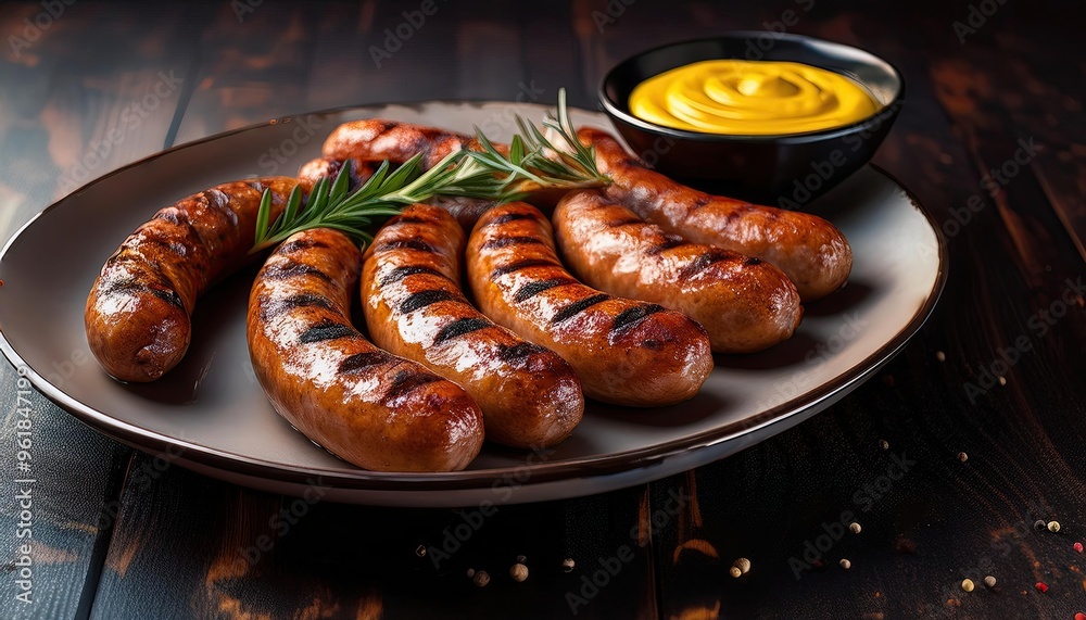 Grilled Sausages with Mustard on a Plate Grilled Sausages with Mustard on a Plate