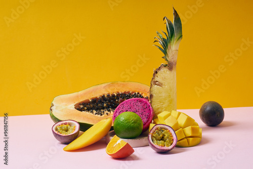 Tropical fruits variety on a colorful background. Side view with copy space