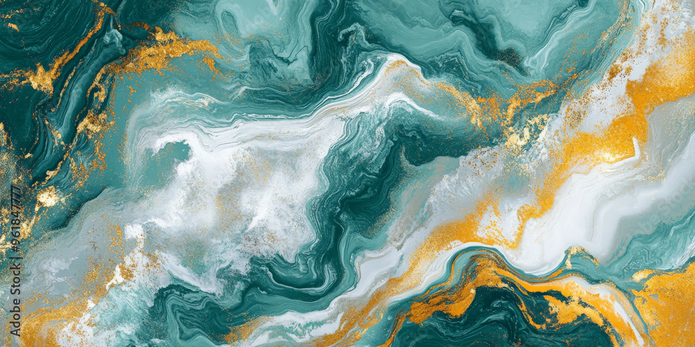 Fototapeta premium A vibrant mix of teal, gold, and white swirling together in a marble pattern with intricate metallic veins.
