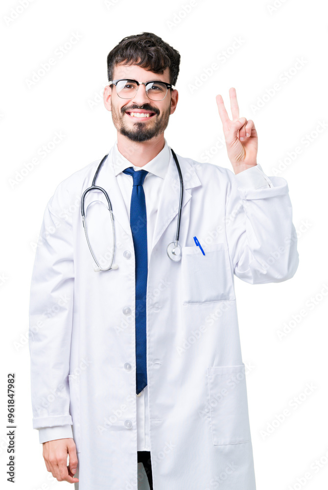 Young doctor man wearing hospital coat over isolated background showing and pointing up with fingers number two while smiling confident and happy. Young doctor man wearing hospital coat over isolated background showing and pointing up with fingers number two while smiling confident and happy.