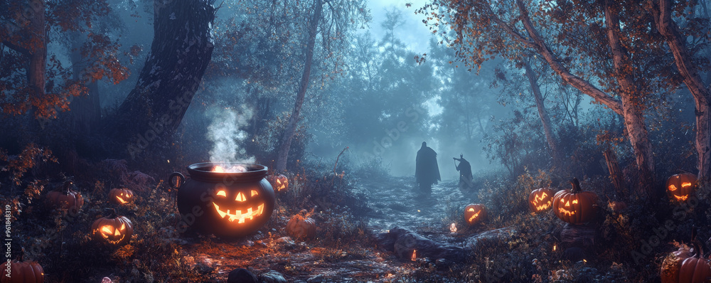 A creepy forest scene with a bubbling witch’s cauldron, glowing pumpkins, and ghostly figures lurking in the fog. A creepy forest scene with a bubbling witch’s cauldron, glowing pumpkins, and ghostly figures lurking in the fog.