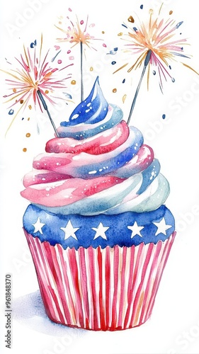 A cupcake topped with American flagthemed frosting and sparklers, vibrant colors, isolated on white background photo