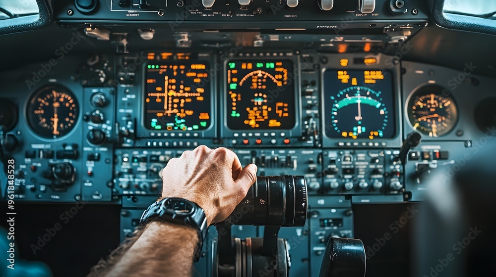 Fototapeta premium Pilot’s Hand on an Aircraft Control: A pilot's hand gripping the controls in an airplane cockpit, with dials and meters in the background. 