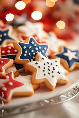 A platter of 4th of Julythemed sugar cookies shaped like stars, detailed and bright, isolated on white background