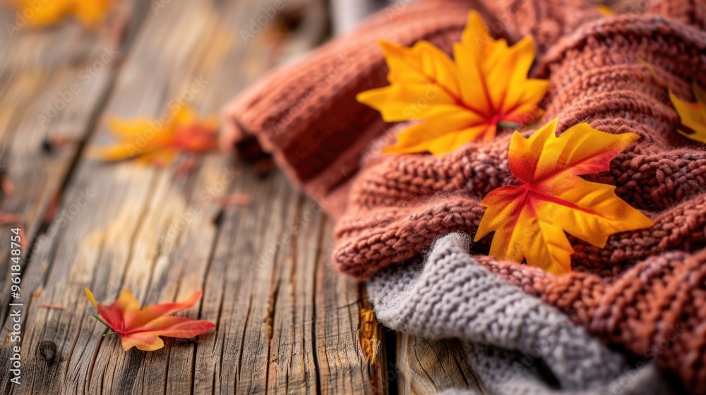 A cozy scene with a knit sweater and a pile of autumn leaves A cozy scene with a knit sweater and a pile of autumn leaves