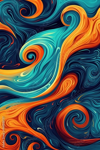 Vibrant abstract swirl pattern with bold orange and teal waves