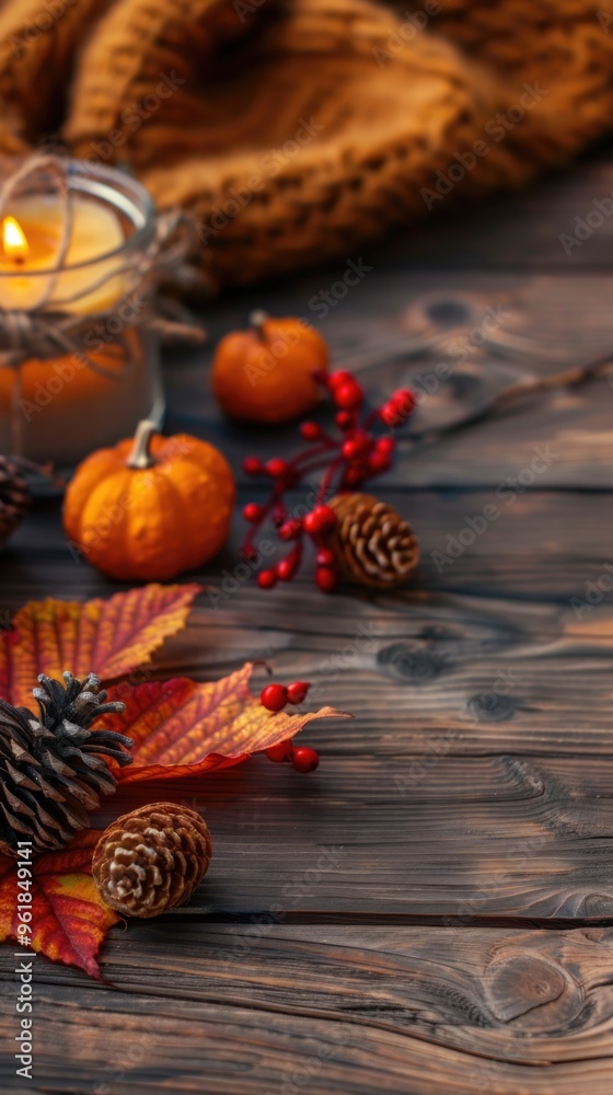 A wooden table with a vase of candles, a bowl of pumpkins, and a leafy orange A wooden table with a vase of candles, a bowl of pumpkins, and a leafy orange