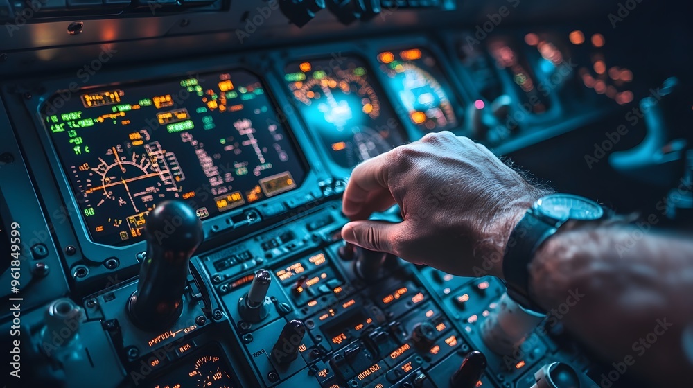 Obraz premium Pilot’s Hand on an Aircraft Control: A pilot's hand gripping the controls in an airplane cockpit, with dials and meters in the background. 