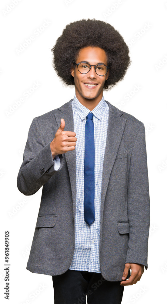 Young african american business man with afro hair wearing glasses doing happy thumbs up gesture with hand. Approving expression looking at the camera showing success. Young african american business man with afro hair wearing glasses doing happy thumbs up gesture with hand. Approving expression looking at the camera showing success.