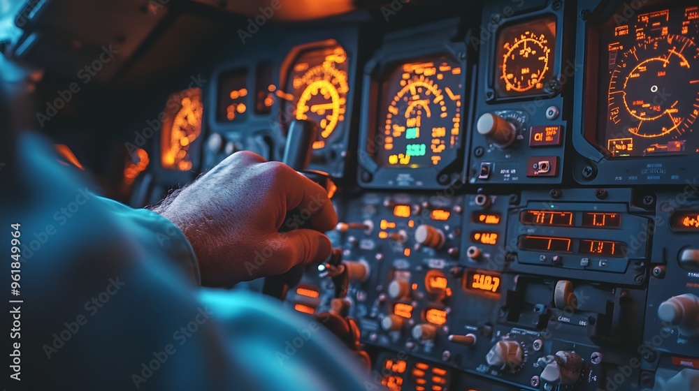 Fototapeta premium Pilot’s Hand on an Aircraft Control: A pilot's hand gripping the controls in an airplane cockpit, with dials and meters in the background. 