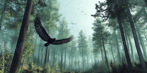 A swift hawk diving toward the ground, its wings blending into a dense forest filled with tall pine trees. photo