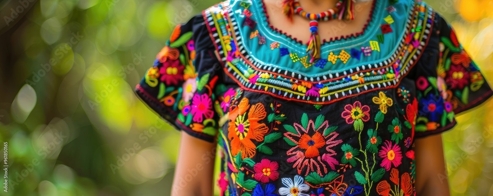 Fototapeta premium A close-up of a woman wearing a vibrant traditional colorful ethnic dress, showcasing intricate embroidery and cultural heritage. banner