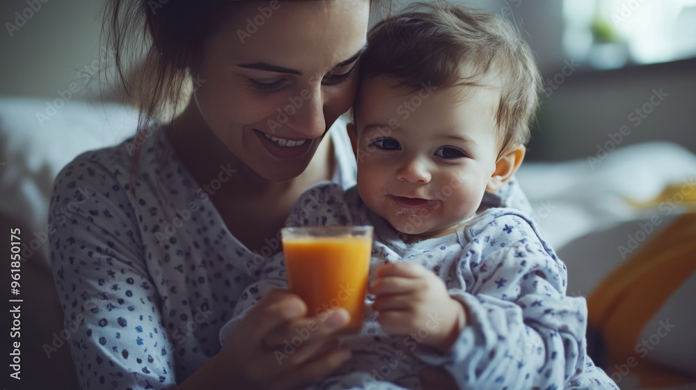 Young mom feeds toddler smoothies in bedroom. Young mom feeds toddler smoothies in bedroom.