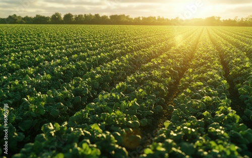 Sunlit field of lush green crops stretching into the horizon under a partly cloudy sky, showcasing agricultural abundance.