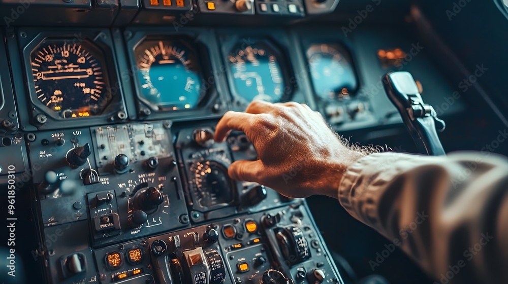 Fototapeta premium Pilot’s Hand on an Aircraft Control: A pilot's hand gripping the controls in an airplane cockpit, with dials and meters in the background. 
