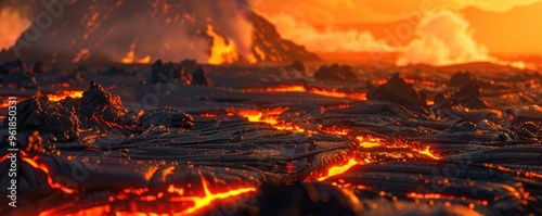 molten lava erupting and flowing from a volcano with a fiery, ash-filled sky, depicting natural disaster and raw power. banner