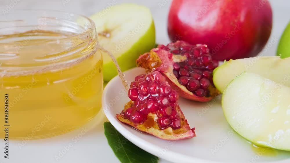 Traditional food for Rosh Hashana Jewish New Year holiday with honey, pomegranate and apples on white marble background. Festive food Traditional food for Rosh Hashana Jewish New Year holiday with honey, pomegranate and apples on white marble background. Festive food