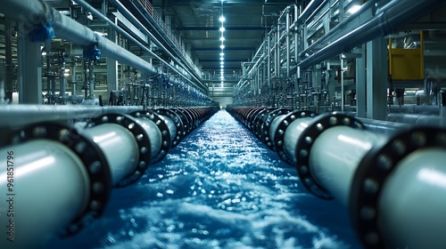 Desalination Plant
A high-tech desalination facility with rows of tubes, filters, and pumps working to convert seawater to freshwater. The mechanical setup is complex, with industrial machinery surrou photo