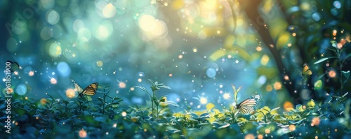Ethereal green forest filled with glowing fireflies. banner