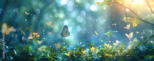 Ethereal green forest filled with glowing fireflies. banner