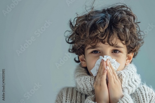 A young boy with a runny nose is blowing his nose with a tissue