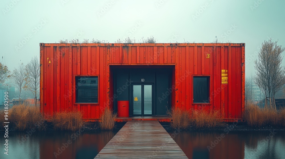 Red Container House on a Calm Waterway Red Container House on a Calm Waterway