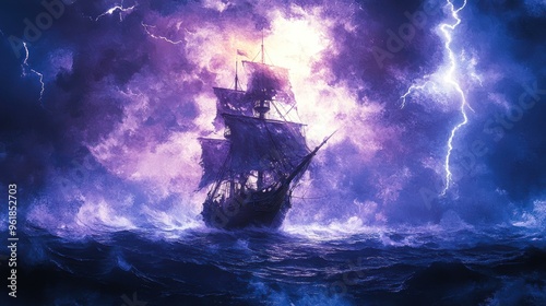 A majestic tall ship battles a ferocious storm on the open ocean, illuminated by dramatic lightning, Ideal for themes of adventure, maritime history, and natural phenomena, photo