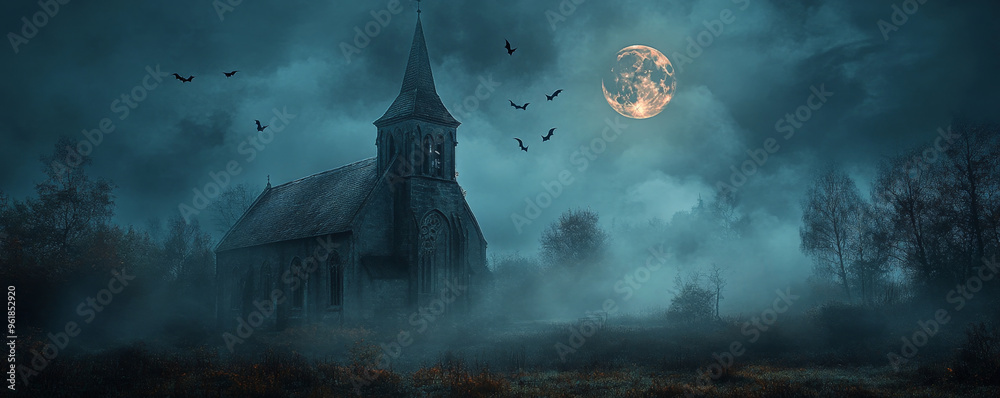 A dark, misty scene with a full moon illuminating an old, haunted church with bats circling overhead.