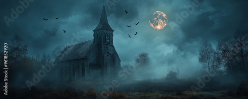 Obraz na płótnie A dark, misty scene with a full moon illuminating an old, haunted church with bats circling overhead. w salonie