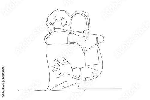Mother hugs daughter who comes home from work. Returning home to their families concept one-line drawing