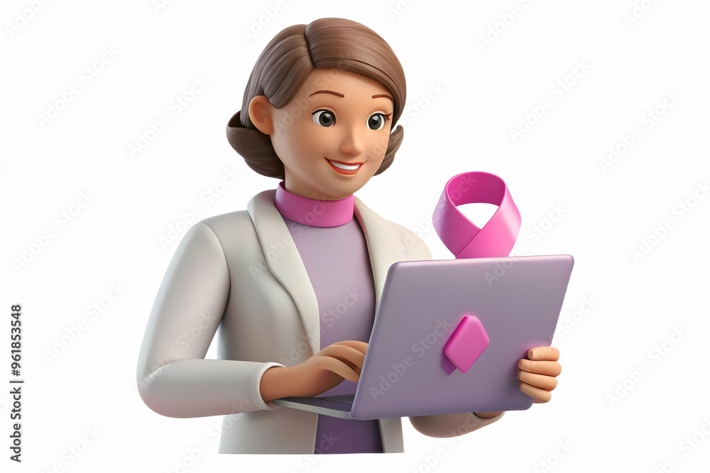 3D Candid Moment: Woman Applying Pink Ribbon Sticker to Laptop - Focused Expression Showcasing Personal Commitment to Awareness 3D Candid Moment: Woman Applying Pink Ribbon Sticker to Laptop - Focused Expression Showcasing Personal Commitment to Awareness