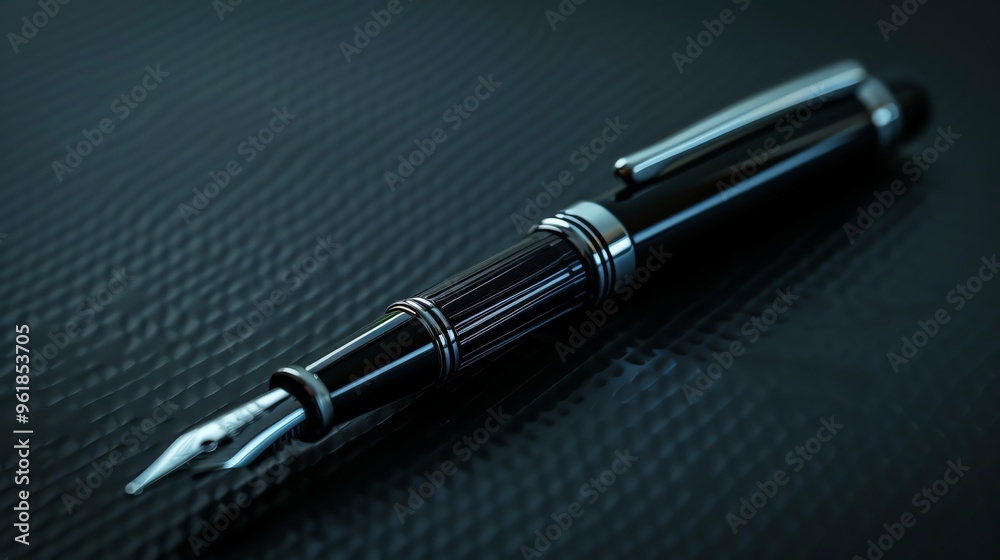 A black and silver fountain pen on a dark textured surface. A black and silver fountain pen on a dark textured surface.