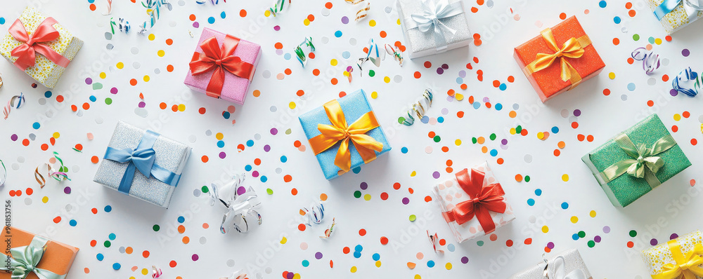 A flat lay of small, colorful gift boxes with bows, scattered among confetti and party streamers on a white background. A flat lay of small, colorful gift boxes with bows, scattered among confetti and party streamers on a white background.
