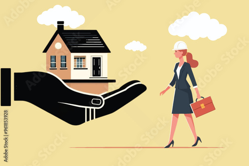 construction house, residential building concept, career woman and big hand holding house ready to be renovated