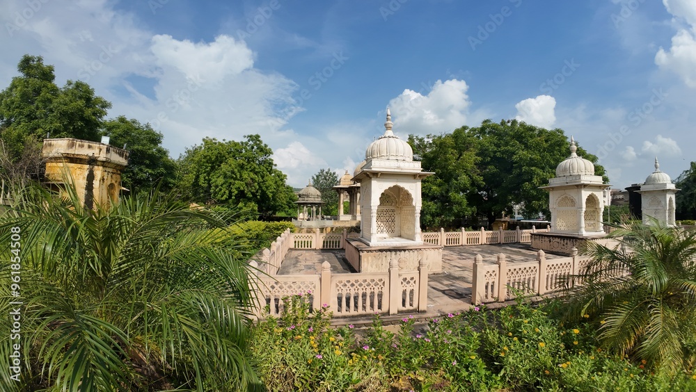 Fototapeta premium Maharaniyon Ki Chhatriyan, the archaeological site features traditional funeral monuments honoring royal women of the past.