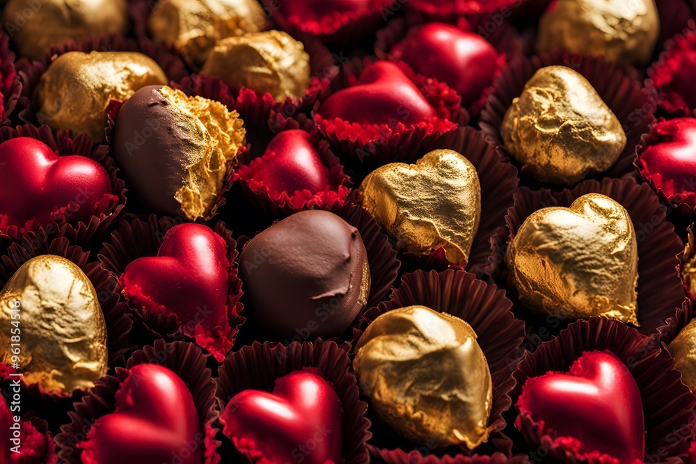 A close up of chocolate truffles wrapped in red and gold foil arranged in the shape of a heart, AI generated A close up of chocolate truffles wrapped in red and gold foil arranged in the shape of a heart, AI generated